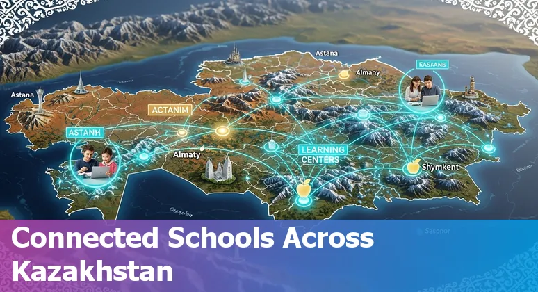 Kazakhstani classroom using AI tools: teachers and students with laptops showing Kazakhstan education technology