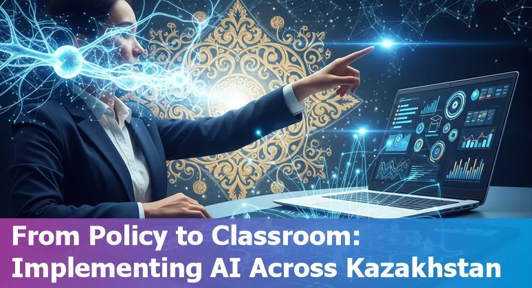 Students and teachers using AI tools in a classroom in Kazakhstan in 2025, highlighting national AI programs and school connectivity.