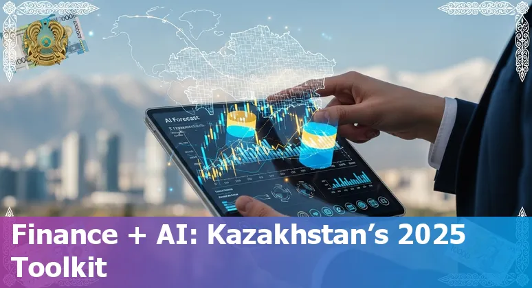 Finance professional in Kazakhstan reviewing AI tool dashboard with Kazakh flag and finance icons