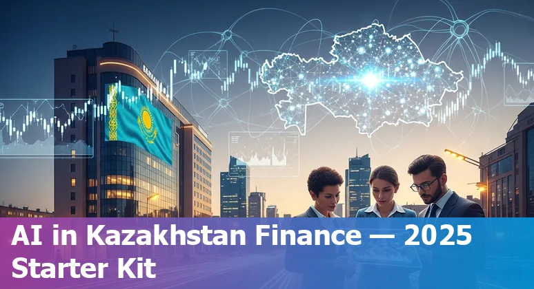Illustration of AI in Kazakhstan financial services 2025 showing bank, data center, and AI icons over Kazakhstan map