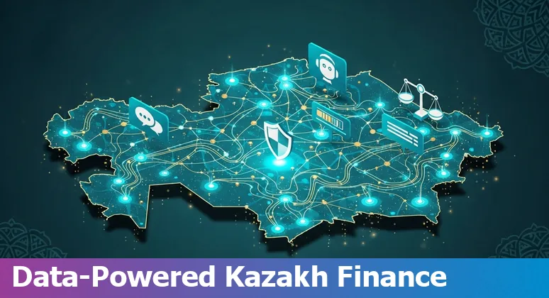 Illustration of AI use cases in Kazakhstan's financial services: chatbots, fraud detection, forecasting and compliance icons.
