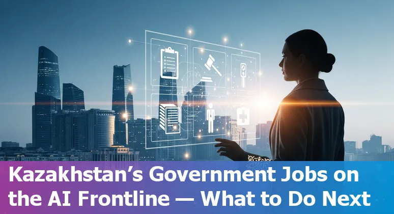 Kazakh government worker using a laptop with AI icons, QazTech and digital service symbols overlayed