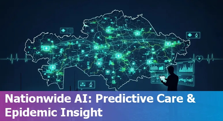 Illustration of AI-driven healthcare tools in Kazakhstan including PneumoNet, eGov app, CT scans, and hospital staff.
