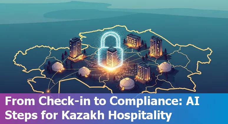 Hotel staff using AI-powered tablet for guest check-in in Kazakhstan, showing AlemLLM-powered Kazakh-language interface