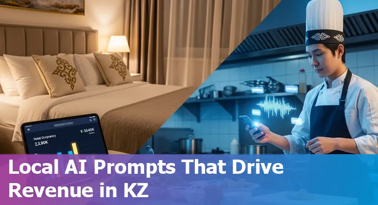 Hotel staff using AI dashboard showing personalized guest offers and Kazakhstan travel photos (Charyn Canyon, Borovoe)