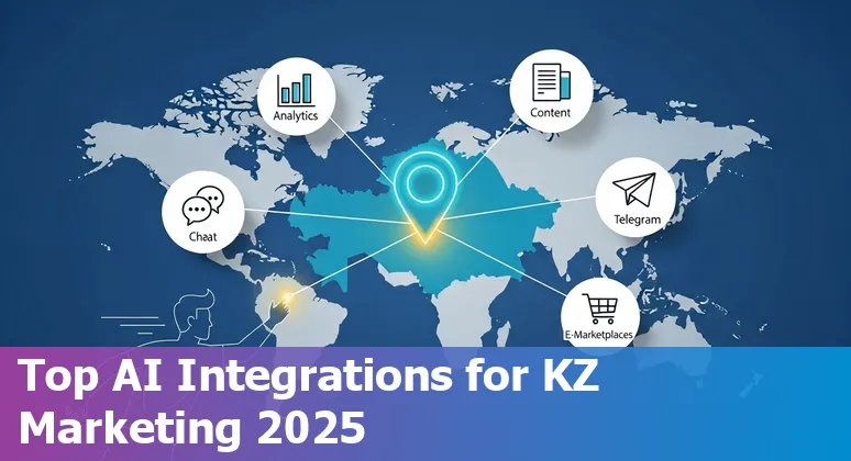 Collage of logos for ChatGPT, HubSpot AI, Jasper, Canva AI, Synthesia, SocialPilot, Otter.ai, Ahrefs, H2O.ai and GrammarlyGO over a Kazakhstan map.