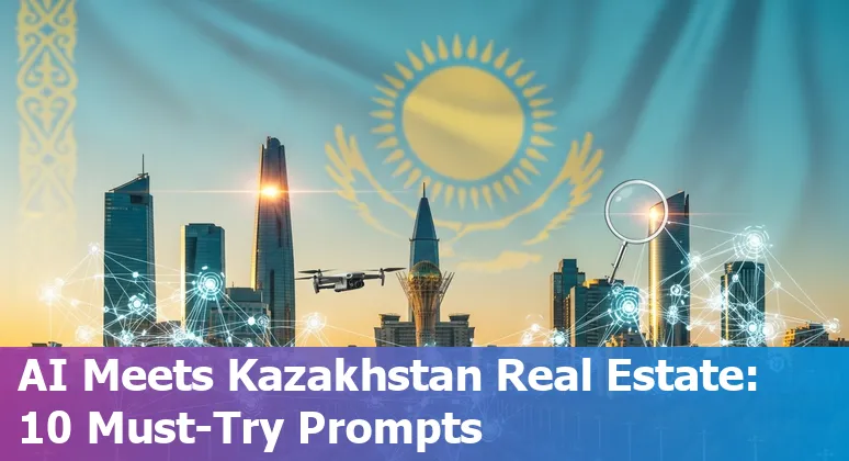 Almaty skyline with AI icons showing real estate use cases like listings, valuation, OCR, chatbots and construction monitoring