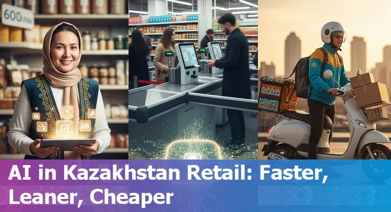 Retail AI dashboard and shoppers in a Kazakhstan store showing AI-driven personalization