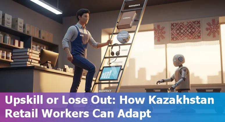 Retail worker at a self-checkout with AI icons, representing jobs at risk from automation in Kazakhstan