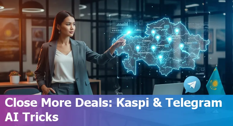 Sales professional using AI prompts on mobile for Kaspi and Telegram outreach in Kazakhstan