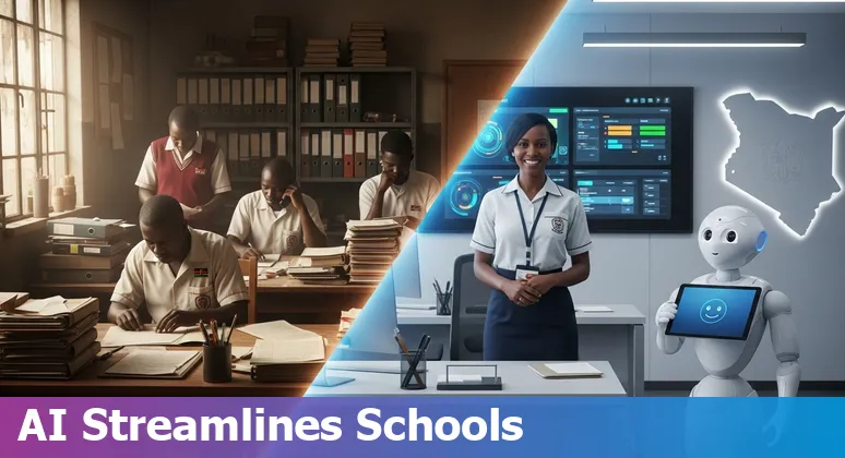 Kenya classroom using AI-powered school management dashboard on tablet and mobile
