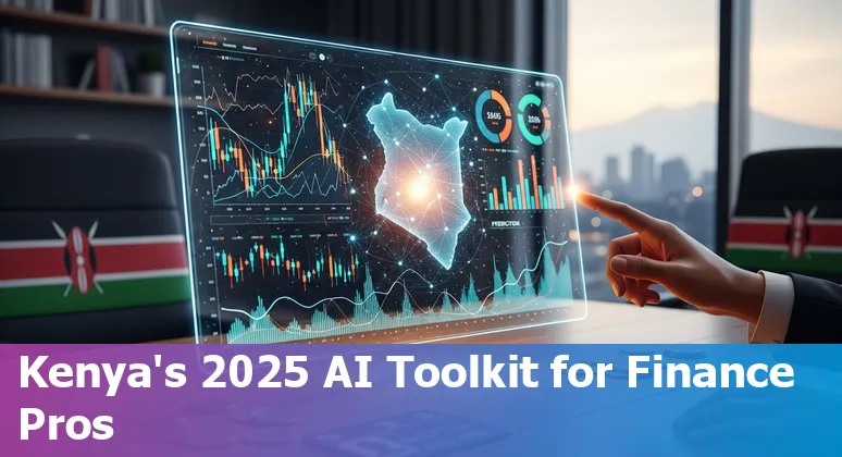 Kenyan finance professional using AI tools on a laptop with fintech icons