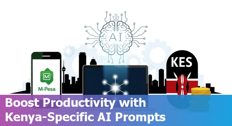 Kenyan finance professional using AI prompts on a laptop with Nairobi skyline in the background