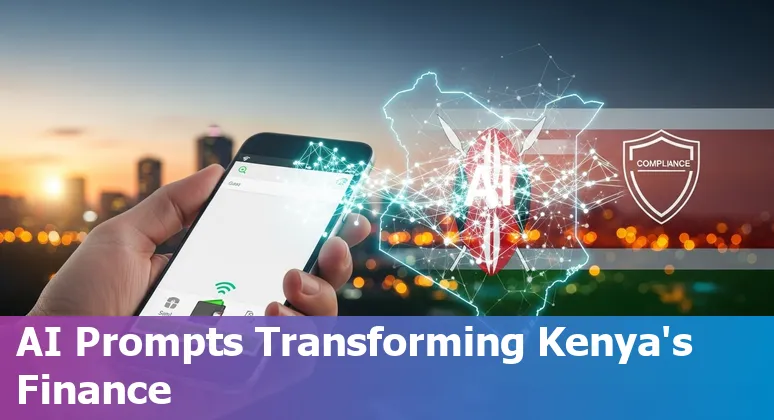 Kenyan finance AI concepts: M-Pesa agent, CBK building, Nairobi skyline and AI icons