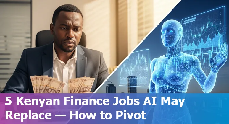 Kenyan bank employee using laptop with AI and finance icons overlay, Nairobi skyline in background