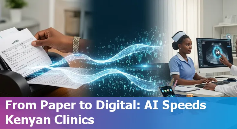 Illustration of AI improving healthcare efficiency and cutting costs in Kenya, featuring Kenyan healthcare tech examples