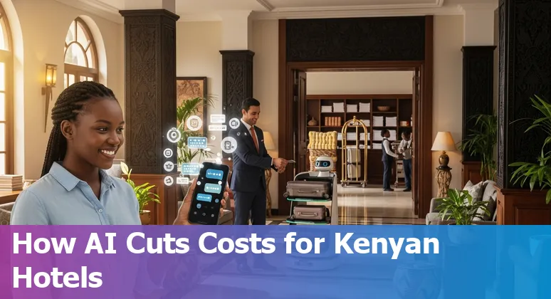 Hotel lobby in Nairobi, Kenya showing AI chatbot kiosk and a robot server at a hotel in Kenya