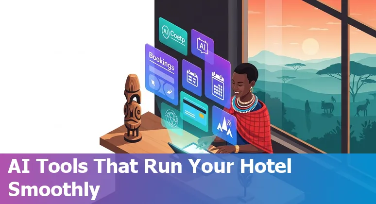 Kenyan hotel lobby with guests using mobile apps and AI icons overlay (WhatsApp, M‑Pesa, PMS)