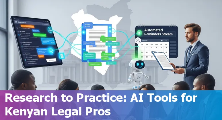 Kenyan lawyer using AI legal tools on a laptop with Nairobi skyline in the background
