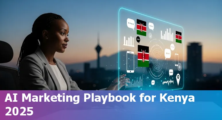 Marketing professional using AI tools on mobile with Kenyan flag and map in background — Kenya
