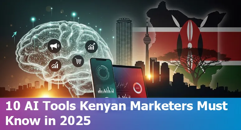 Collage of logos: ChatGPT, Canva, Jasper, Surfer SEO, Grammarly, Metricool, Descript, Opus Clip, Looka and HubSpot representing AI marketing tools in Kenya 2025.