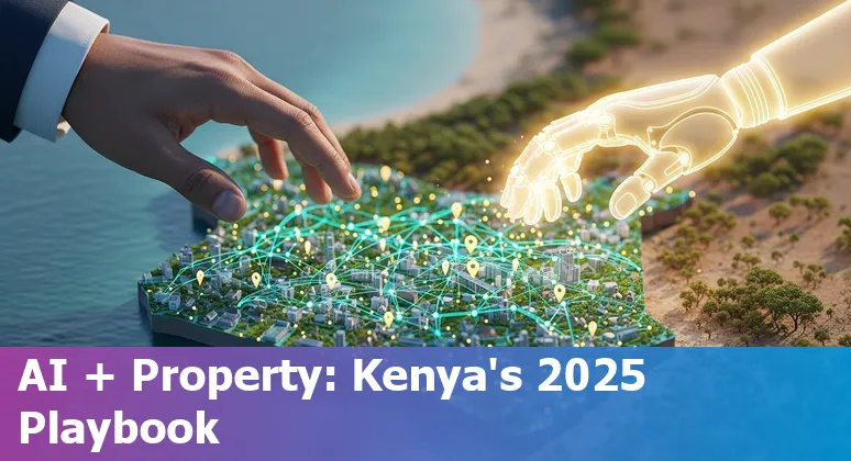 Illustration of AI transforming Kenya's real estate market in 2025 with smart buildings, data analytics and Konza Technopolis in the background.