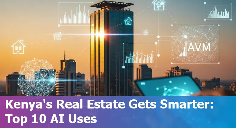 Kenyan real estate agent using AI on a smartphone with the Nairobi skyline in the background and M-Pesa icon visible.