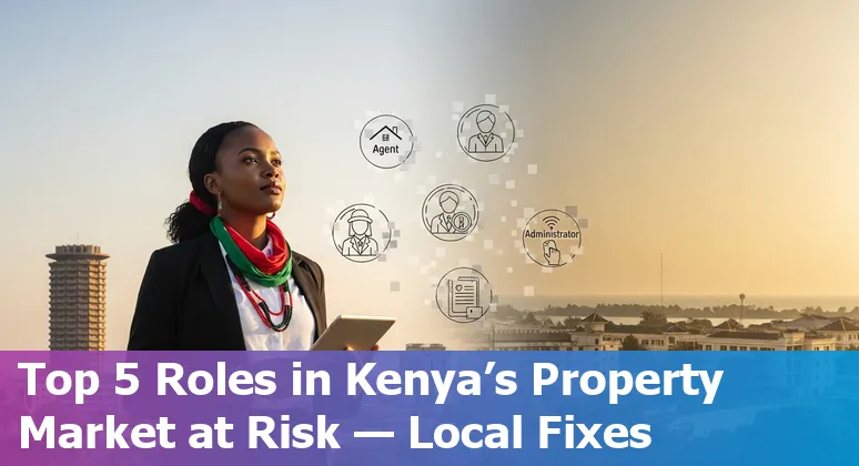 Kenyan real estate agent using laptop with AI icons overlay, Nairobi skyline in background