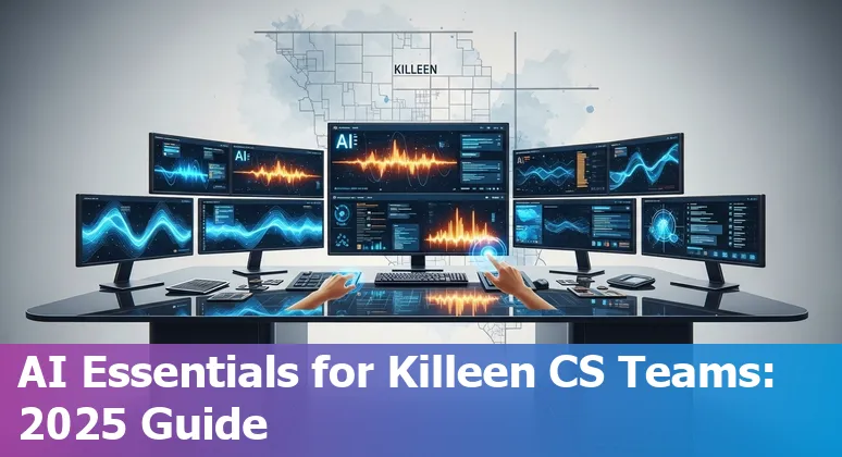 Customer service professional using AI tools like ChatGPT Enterprise, Zendesk and Synthesia with Killeen, Texas backdrop.