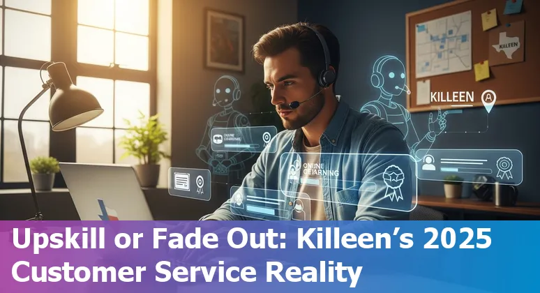 Customer service agent using AI tools with a backdrop of Killeen, Texas skyline and Texas flag