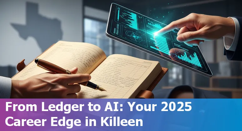 Finance professional using AI tools on a laptop in Killeen, TX, with Fort Cavazos in the background