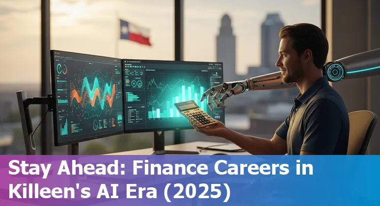 Finance professional using AI tools in Killeen, Texas office, showing local Texas skyline and computing devices