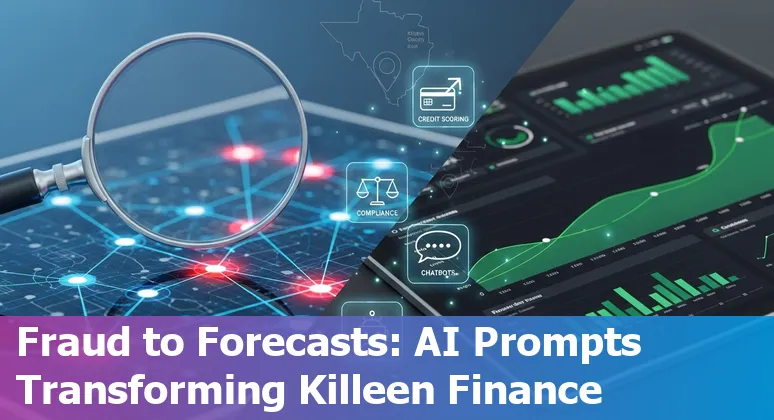 Illustration of AI in Killeen financial services: chatbot, fraud detection dashboard, and bank building silhouette.
