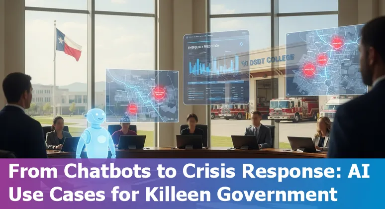 Killeen city hall with AI icons overlay representing chatbots, drones, healthcare, and data analytics