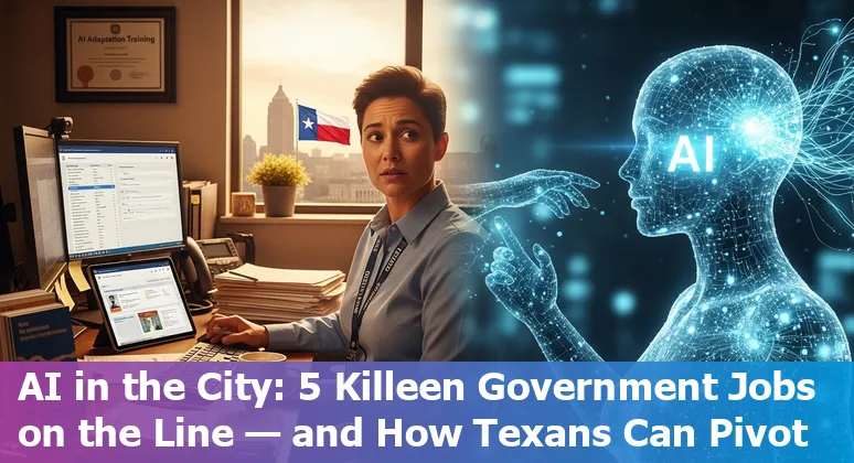 Killeen city workers using a laptop with AI icons overhead, showing jobs adapting to automation.