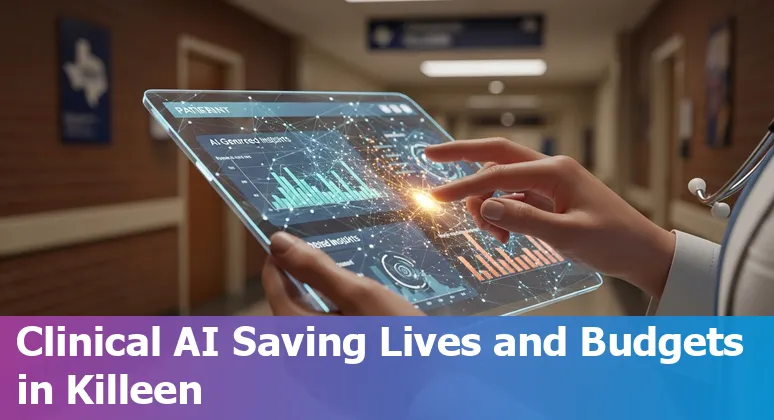 Healthcare worker using AI tools on tablet in Killeen, Texas clinic — illustrating AI-driven efficiency in Texas, US.