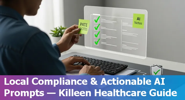 Healthcare worker using AI tools on a tablet in a Killeen, Texas clinic; icons for Ada, ChatGPT, Dax Copilot, Moxi and Merative.