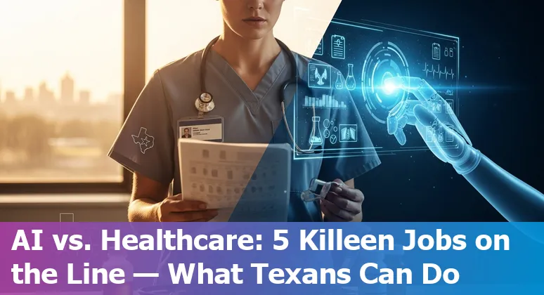 Healthcare workers in Killeen discussing AI impact over hospital backdrop near Fort Cavazos
