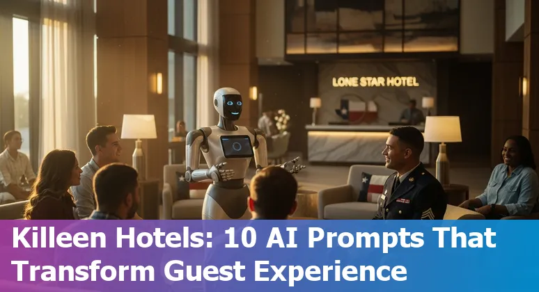Hotel front desk tablet showing AI chatbot and smart-room controls at a Killeen-area hotel.