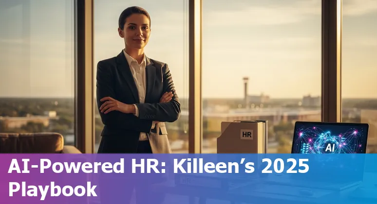 HR professional using AI tools on a laptop in Killeen, Texas office, with Temple College and local businesses referenced in the scene.