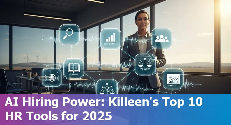 HR professional in Killeen reviewing AI tools dashboard on a laptop with Killeen skyline in background