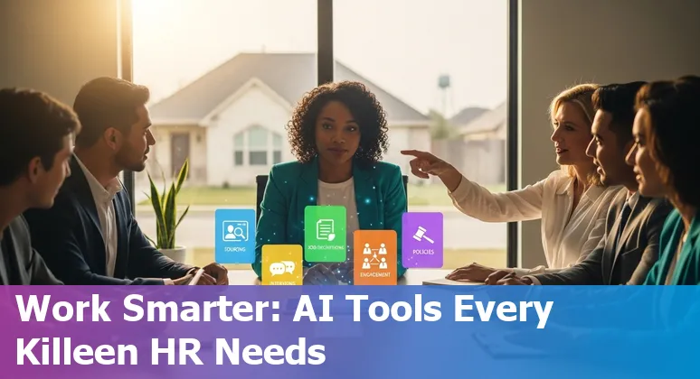 HR professional using AI prompts on a laptop with Killeen, Texas landmarks in the background.