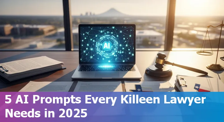 Legal professional in Killeen using AI tools on a laptop with Killeen skyline and Fort Cavazos in background