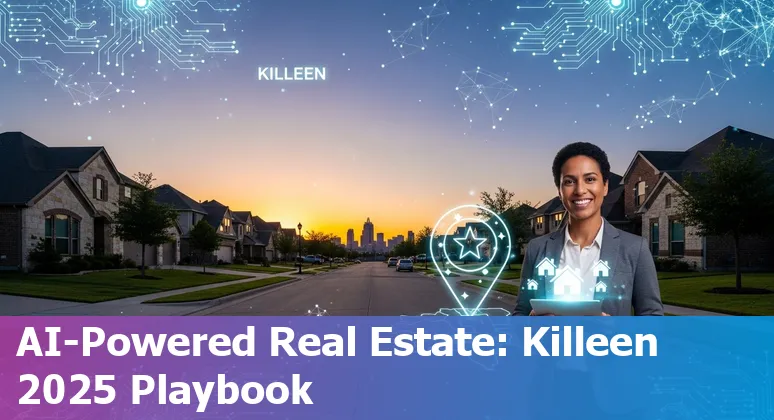 Aerial view of Killeen, Texas neighborhood with AI data overlays showing parcel analytics and market trends in 2025