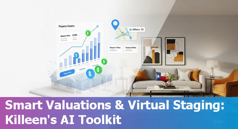 Agent using AI tools to stage a Killeen, Texas home with virtual tour and price forecast on a laptop.