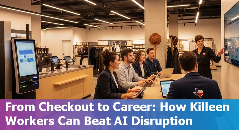 Retail worker using self-checkout kiosk while a robot stocks shelves in a Texas store setting