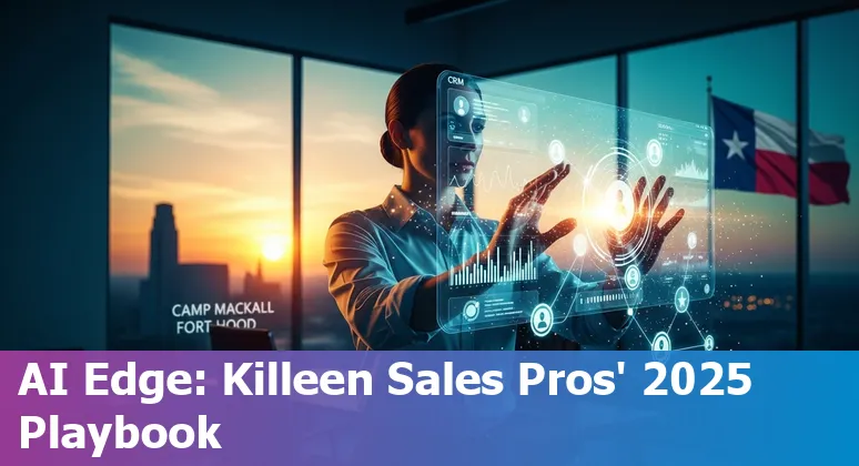 Sales professional using AI tools on laptop with Killeen, Texas skyline and Fort Cavazos in background