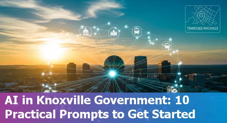 Knoxville city hall with AI icons overlay showing chatbots, analytics, and translation services