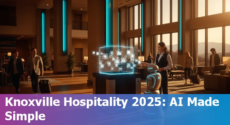Hotel front desk using AI kiosk in Knoxville, Tennessee with skyline and BNA references