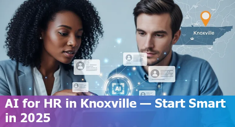 HR professional using AI tools on a laptop in Knoxville, Tennessee, US skyline background